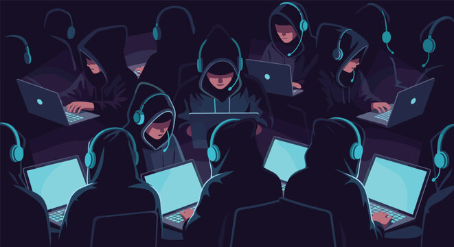 Group of anonymous hackers wearing hoods and headsets work on laptops in a dark blue room for a cybercrime concept.