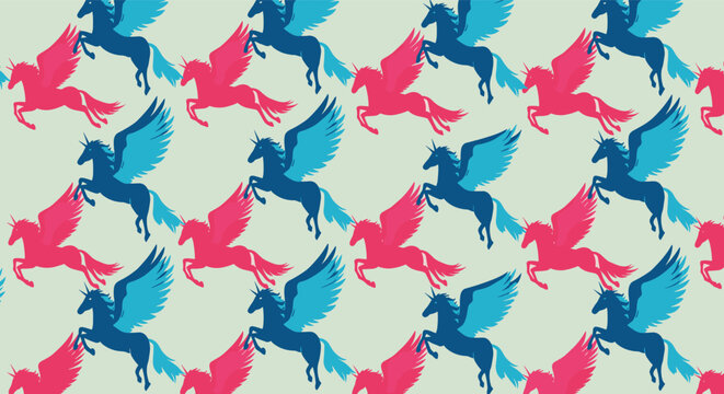 Repeating pattern features silhouettes of pink and blue winged pegasus horses flying across a light beige background.
