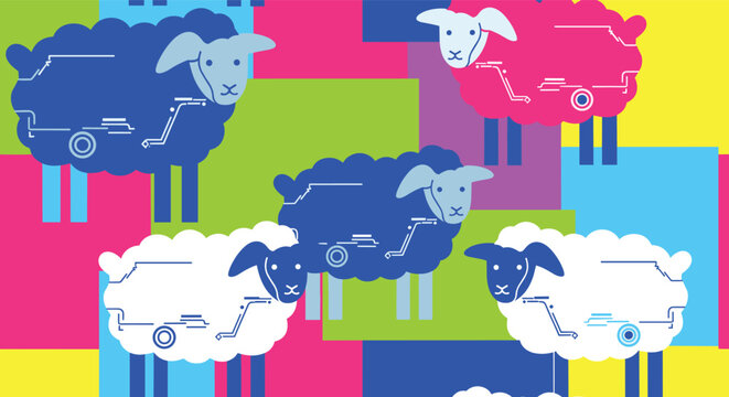 Group of stylized blue, pink, and white sheep with circuit board patterns on their wool stands on a colorful grid.