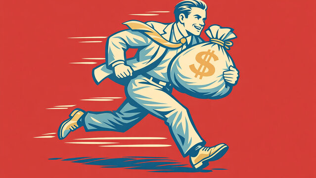 Advertisement image of man running with bag full of money, symbolizing financial success or investment.