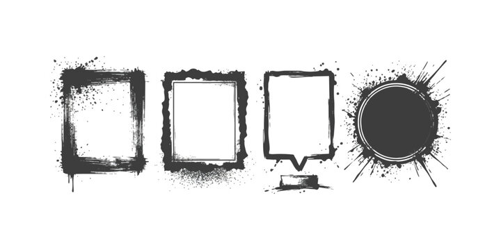Set of black ink grunge frames and bubble speech shapes with paint splatter textures