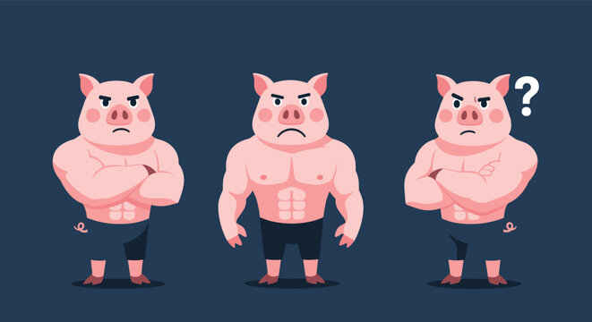 Creative group of three muscular anthropomorphic pigs showing strength, confidence, and confusion in a unique character design set.