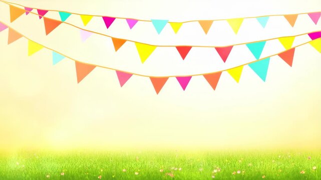 Colorful festive bunting flags over sunny grassy field background
