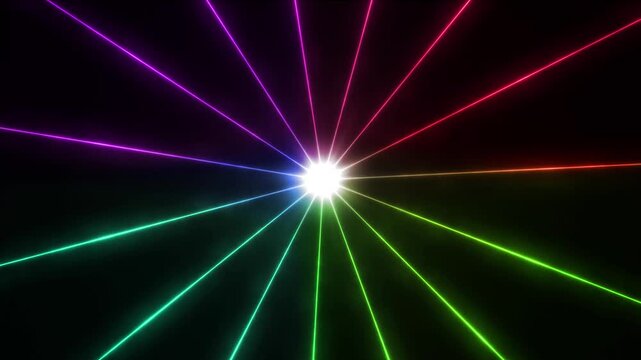 Rainbow laser beams radiate from a glowing center with vibrant prism light effects.