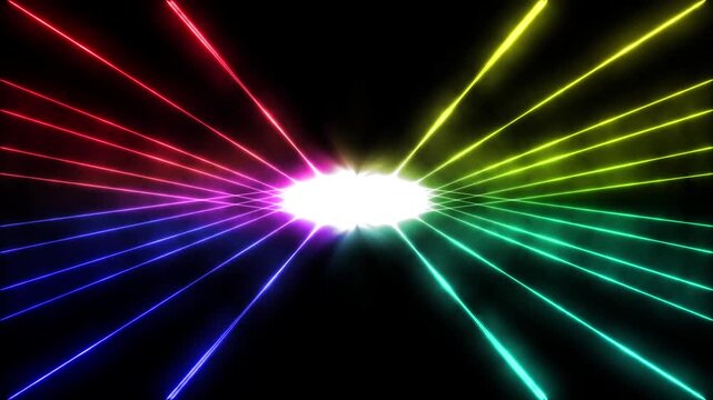 Glowing rainbow energy beam with colorful spectrum light and bright lens flare effects.