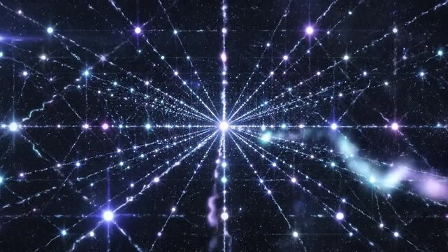 Abstract Light Network: A mesmerizing digital abstract art piece depicts an infinite network of glowing light points and lines stretching into the darkness.