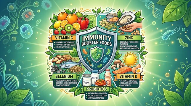 Immunity booster foods and essential nutrients infographic poster