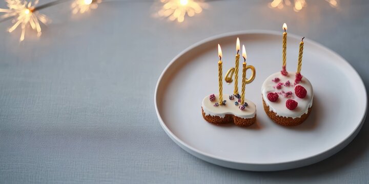 two small iced cakes with raspberries and gold striped lit candles including number candles showing forty on a white plate, warm string lights creating a cozy celebratory mood
