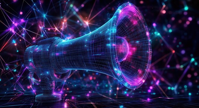 futuristic neon wireframe megaphone with glowing network nodes and particles conveying an energetic digital announcement