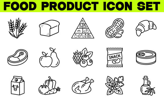 Food Product Line Editable Icon Set - Vector Illustration of Food Classification, Nutrition, Grains, Dairy and Fresh Produce Icons