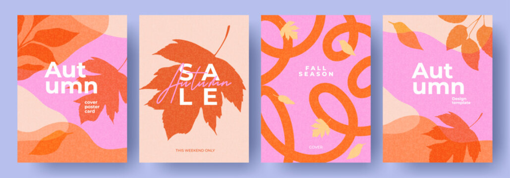 Fall season background collection with bright abstract autumn leaves. Autumn modern art minimalist style design templates for sales, poster, print, cover, social media, fashion ads, decor and season g
