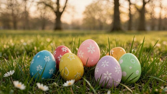 Colorful Decorated Easter Eggs Resting in Spring Grass at Sunset