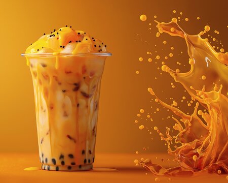 A tall cup of mango bubble tea with tapioca and seed toppings stands beside a dramatic splash of golden juice, captured against a warm amber studio background.