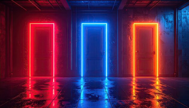 Three neon doorways in dark room with bright red blue and orange lights