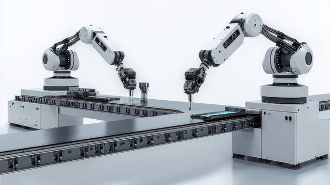 two white industrial robotic arms working over a metal conveyor platform in a clean high-tech factory space, conveying precise efficient and futuristic automation