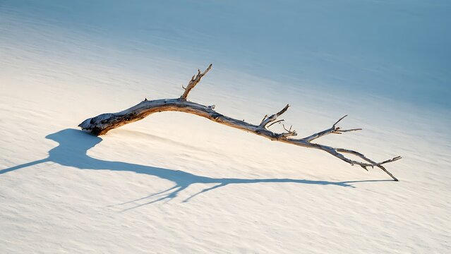 Weathered driftwood branch resting on pristine white sand with elegant shadow
