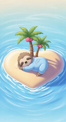 Fototapeta premium Cute sloth sleeping on a heart-shaped island, surrounded by blue water and palm trees, symbolizing relaxation and sweet dreams