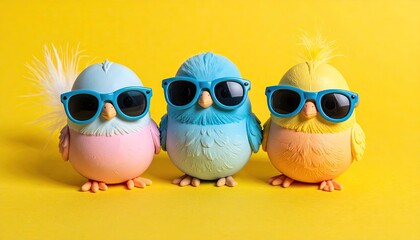 Naklejka premium Three colorful toy birds wearing sunglasses on yellow background.
