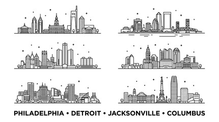 Naklejka premium Black and Gray Minimal Line Art USA City Skylines Vector Illustration Set with Philadelphia, Detroit, Jacksonville and Columbus