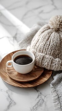 A serene coffee moment captured with a white cup and a wooden saucer