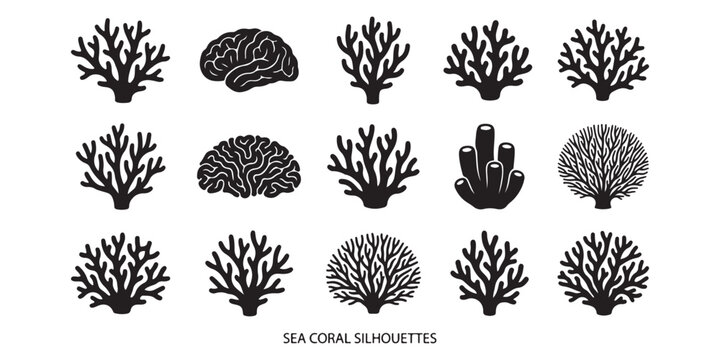 Set of black sea coral silhouettes and brain coral shapes for ocean and marine life design