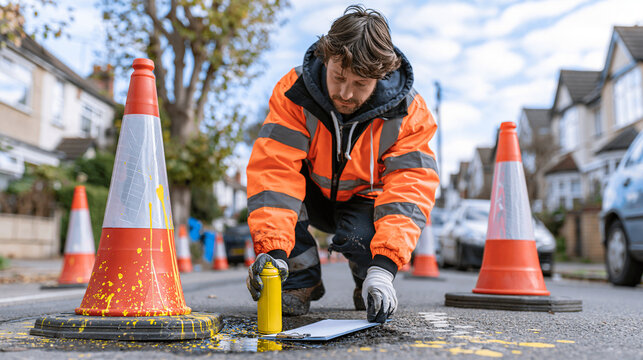City gardener marking pothole with spray paint for road repair planning on residential street, wearing gloves with clipboard and cones, practical editorial photo