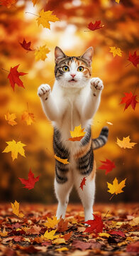 Playful cat standing amidst falling autumn leaves, symbolizing change, season transition, and festive fall moods