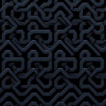 dark 3d interlocking tubular geometric pattern of repeating maze-like links conveying an industrial mysterious mood