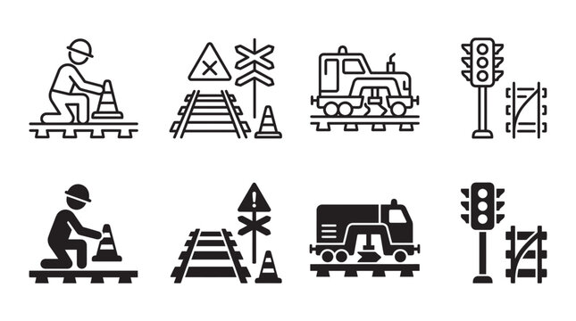 Railway maintenance and train track repair icon set for construction sites with maintenance construction industrial