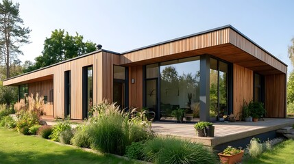 Fototapeta premium Modern wooden house with large glass and deck surrounded by greenery under clear sky