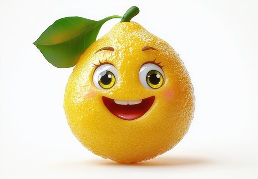 Cheerful smiling yellow lemon with big expressive eyes rosy cheeks textured rind and single green leaf on white background