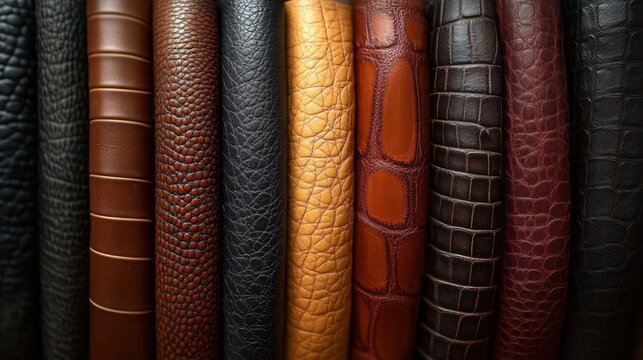 rows of rolled leather hides and samples with varied textures, grains and warm tones conveying rich tactile luxury and artisanal craftsmanship