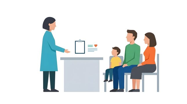 Flat vector illustration of a doctor consulting with parents and their child about a medical diagnosis and treatment plan in a healthcare clinic. Ideal for family medicine, patient consultation, pedia