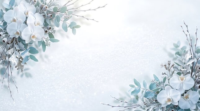 Elegant white orchid floral background, soft winter wedding invitation border with eucalyptus leaves, delicate spring blossom copy space