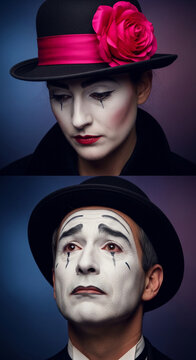 Portraits of two mimes in dramatic makeup and hats, one with a pink rose, evoking emotion, performance, and mystery