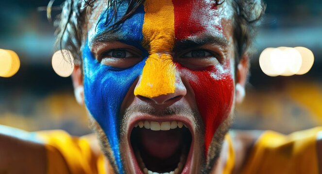 close-up of young male sports fan with blue, yellow and red face paint, sweating and shouting with mouth wide open in a stadium, intense passionate expression
