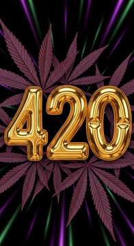 Golden numbers 420 float above stylized cannabis leaves with purple and green light streaks, symbolizing celebration and recreational use