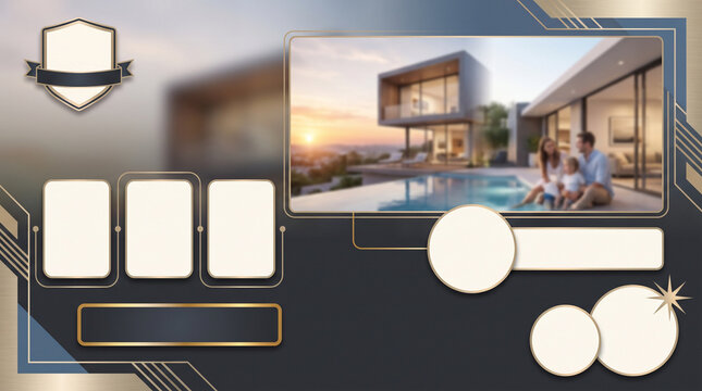 Real estate marketing template featuring a modern villa exterior at sunset with a family and gold shield badge with real estate social media tamplate and banner download 2026 2027 2028