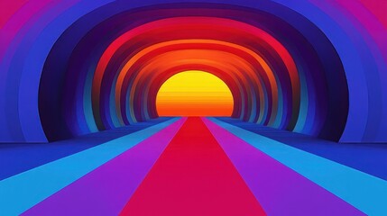 Obraz premium Vibrant multicolored tunnel of concentric arches leading to a glowing sun on the horizon, futuristic optimistic pathway