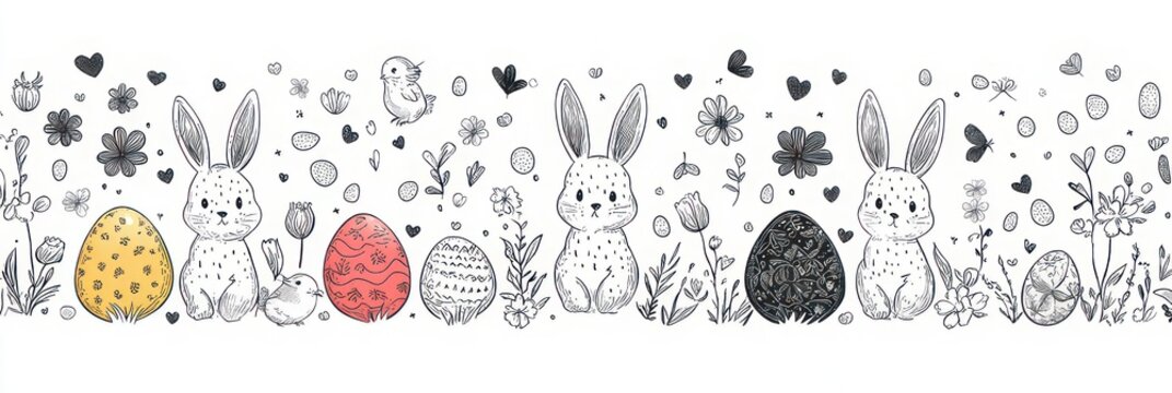 playful hand-drawn bunnies with decorated eggs, spring flowers, tiny chicks, hearts, butterflies and leaves in a whimsical easter banner