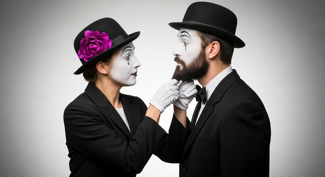 Two mimes in black suits and hats, one touching the other's beard, symbolizing artistic expression, performance, and silent communication