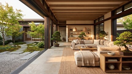 Fototapeta premium Japandi Open Concept Living Room with Bonsai and Zen Rock Garden