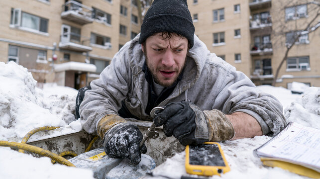 Snow removal operator inspecting a water meter in a utility box in an apartment courtyard with gloves, meter key, phone, and notebook documentary commercial mood