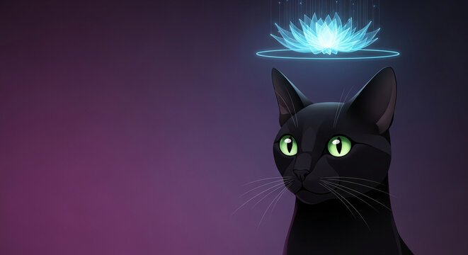 A black cat with luminous green eyes gazes towards a glowing blue lotus, symbolizing tranquility, mystery, and spiritual awakening.