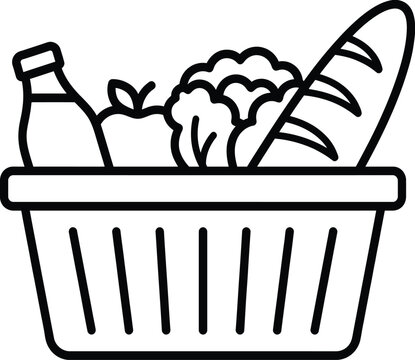 Simple black and white vector illustration of a shopping basket filled with fresh grocery items