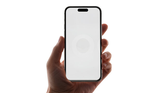 Isolated contemporary smartphone held by a hand displaying a customizable blank screen