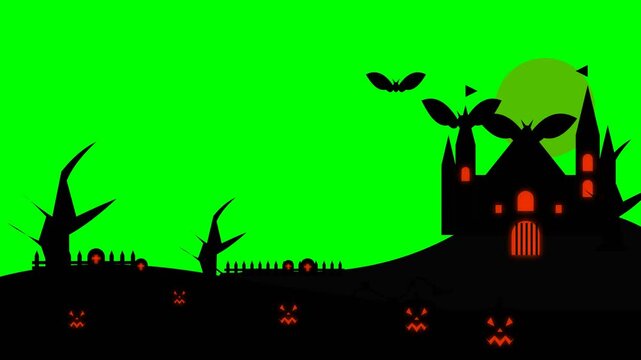 Halloween haunted castle silhouette with spooky bats and glowing jack o lanterns
