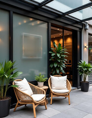 Fototapeta premium modern cafe with transparent wall sign, potted plants, cozy Scandinavian outdoor furniture