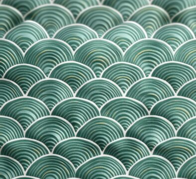 repeating teal-green scallop wave pattern with white outlines and concentric ridges, soothing rhythmic textured surface