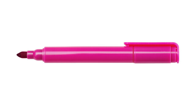 Isolated bright pink felt tip marker pen with cap and clip, colorful writing supply.